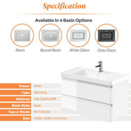 Plum&clay Marvel Gloss White Wall Hung Bathroom Vanity Unit With Resin Basin (W)900mm - thumbnail 5