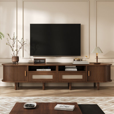 Oval Tv Stand With 2 Rattan Drawers, 2 Sliding Doors And Rounded Corners, Dark Oak - image 1