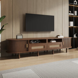 Oval Tv Stand With 2 Rattan Drawers, 2 Sliding Doors And Rounded Corners, Dark Oak - thumbnail 4