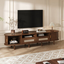 Oval Tv Stand With 2 Rattan Drawers, 2 Sliding Doors And Rounded Corners, Dark Oak - thumbnail 5