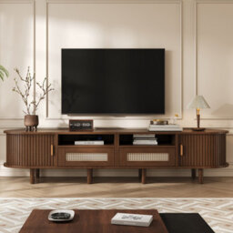 Oval Tv Stand With 2 Rattan Drawers, 2 Sliding Doors And Rounded Corners, Dark Oak - thumbnail 1