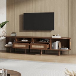 Oval Tv Stand With 2 Rattan Drawers, 2 Sliding Doors And Rounded Corners, Dark Oak - thumbnail 6