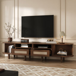 Oval Tv Stand With 2 Rattan Drawers, 2 Sliding Doors And Rounded Corners, Dark Oak - thumbnail 2
