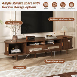 Oval Tv Stand With 2 Rattan Drawers, 2 Sliding Doors And Rounded Corners, Dark Oak - thumbnail 9
