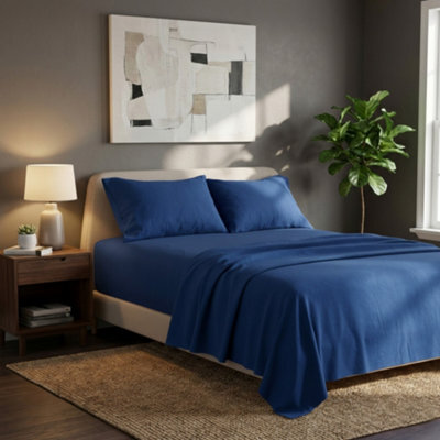 Soft Plain Brushed Cotton Fitted Flat Sheet Matching Pillowcases Set Teal - image 1