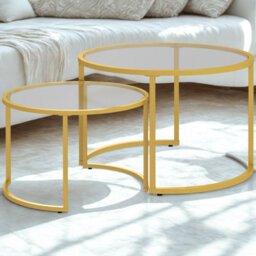 FURNOLD Set Of 2 Round Gold Nesting Tables With Tempered Glass Top - thumbnail 1