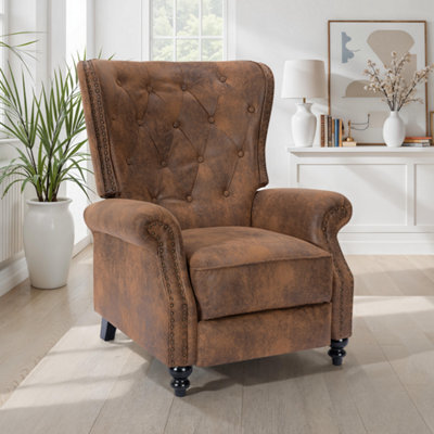 Buttoned Wingback Recliner Chair In Brown Faux Leather Suede - image 1