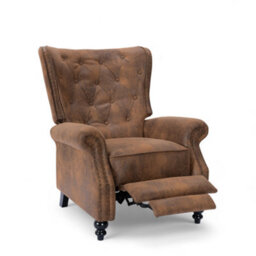 Buttoned Wingback Recliner Chair In Brown Faux Leather Suede - thumbnail 3