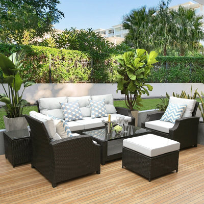 6 Pieces Pe Rattan Garden Furniture Set With Glass Top Coffee Table, Side Table, Stool, Soft Cushion Patio Sofa Set - image 1