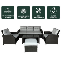 6 Pieces Pe Rattan Garden Furniture Set With Glass Top Coffee Table, Side Table, Stool, Soft Cushion Patio Sofa Set - thumbnail 6