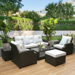 6 Pieces Pe Rattan Garden Furniture Set With Glass Top Coffee Table, Side Table, Stool, Soft Cushion Patio Sofa Set