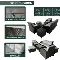 6 Pieces Pe Rattan Garden Furniture Set With Glass Top Coffee Table, Side Table, Stool, Soft Cushion Patio Sofa Set - thumbnail 4