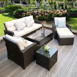 6 Pieces Pe Rattan Garden Furniture Set With Glass Top Coffee Table, Side Table, Stool, Soft Cushion Patio Sofa Set - thumbnail 2