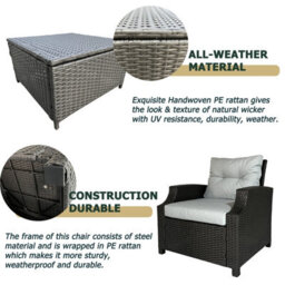 6 Pieces Pe Rattan Garden Furniture Set With Glass Top Coffee Table, Side Table, Stool, Soft Cushion Patio Sofa Set - thumbnail 3