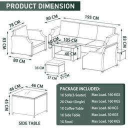 6 Pieces Pe Rattan Garden Furniture Set With Glass Top Coffee Table, Side Table, Stool, Soft Cushion Patio Sofa Set - thumbnail 9