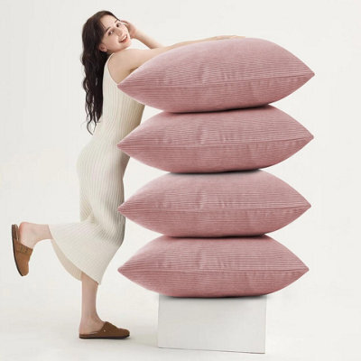 Ameha Pink Stripe Velvet Cushion Set, 18X18 Inch, Includes 4 Filled Cushions & 4 Covers, Breathable & Hypoallergenic - image 1