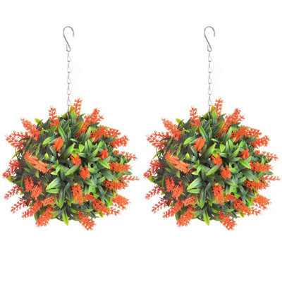 Pair Of Best Artificial 24Cm Orange Lush Lavender Hanging Basket Flower Topiary Ball - Weather & Fade Resistant - image 1