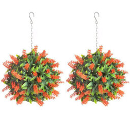 Pair Of Best Artificial 24Cm Orange Lush Lavender Hanging Basket Flower Topiary Ball - Weather & Fade Resistant
