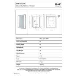 RAK Ceramics Rak Tanzanite 600X800mm Rectangular Illuminated Bathroom Mirror With Touch Sensor & Demister Pad, Ip44 Rated - thumbnail 2
