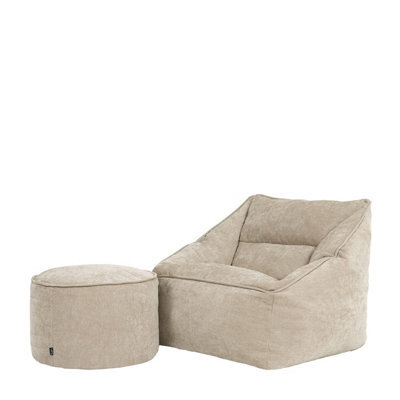 icon Natalia Chenille Adults Bean Bag Armchair And Pouffe, Ready Filled Large Beanbag And Footstool Natural Beige