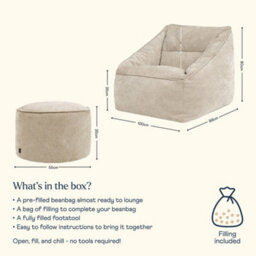 icon Natalia Chenille Adults Bean Bag Armchair And Pouffe, Ready Filled Large Beanbag And Footstool Natural Beige - thumbnail 6