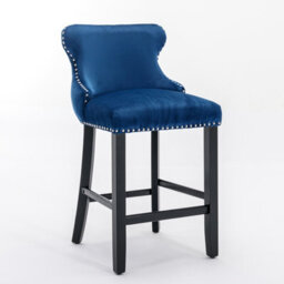 HomeTouch Set Of 6 Blue Velvet Upholstered Bar Stools With Wood Legs - thumbnail 6