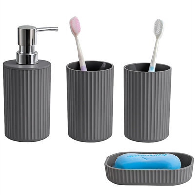Grey Bathroom Accessories Set 4 Piece Soap Dispenser, 2 Tumblers And Soap Dish - image 1