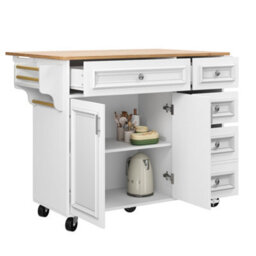 Abrihome White Multifunctional Kitchen Island Cabinet With Removable Serving Trolley, Vintage Buffet Sideboard With Storage Space - thumbnail 7
