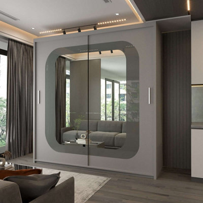M N Furniture Ltd Wardrobe With Led Light, Sliding Mirror Doors, Shelves, Hanging Rails - Modern Bedroom Cabinet (Grey,150Cm) - image 1