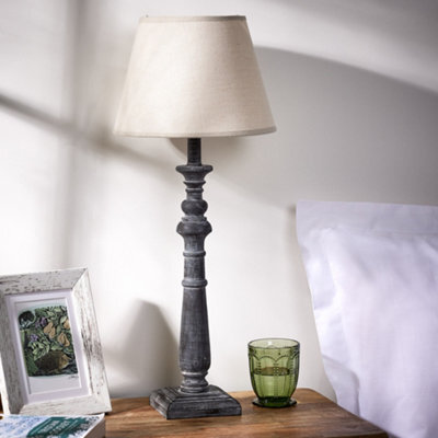 Dibor French Country Style E27 Home Office Pillar Lamp Brushed Wood Rippled Desk Lamp With Linen Shade Bedside Table Lamp - image 1