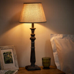 Dibor French Country Style E27 Home Office Pillar Lamp Brushed Wood Rippled Desk Lamp With Linen Shade Bedside Table Lamp - thumbnail 3