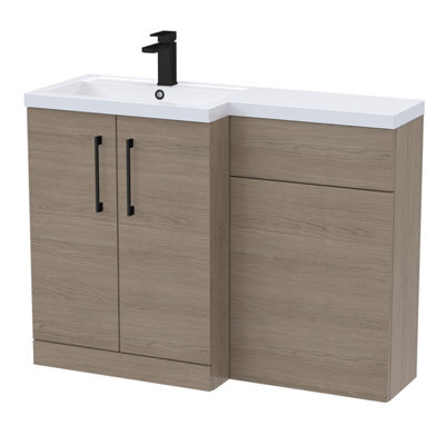 Balterley Left-Hand Bathroom Vanity And Wc Unit Combination With Basin - 1100mm - Woodgrain Mid Oak With Black Handles