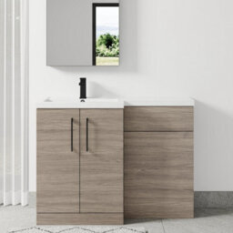 Balterley Left-Hand Bathroom Vanity And Wc Unit Combination With Basin - 1100mm - Woodgrain Mid Oak With Black Handles - thumbnail 2