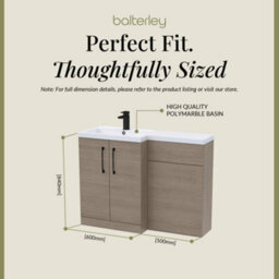 Balterley Left-Hand Bathroom Vanity And Wc Unit Combination With Basin - 1100mm - Woodgrain Mid Oak With Black Handles - thumbnail 5