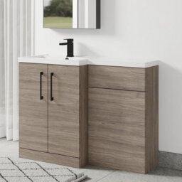 Balterley Left-Hand Bathroom Vanity And Wc Unit Combination With Basin - 1100mm - Woodgrain Mid Oak With Black Handles - thumbnail 4