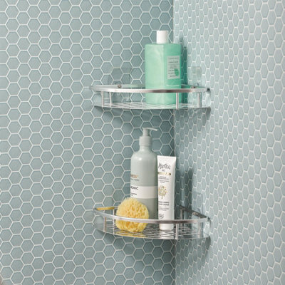 Set Of 2 Easy-Fix Corner Shelves - Silver Metal Shelving With Drainage Holes & Self-Adhesive Fixing Pads For Shower & Bathroom