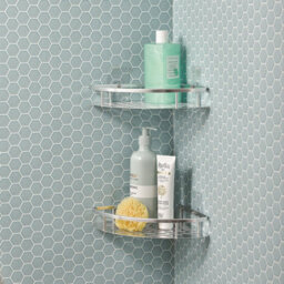 Set Of 2 Easy-Fix Corner Shelves - Silver Metal Shelving With Drainage Holes & Self-Adhesive Fixing Pads For Shower & Bathroom