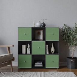 Urbn-Living Urbnliving 9 Cube Black Wooden Bookcase Shelving Unit With 5 Collapsible Fabric Drawers Pastel - Green