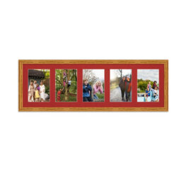 AK Frames 26X8 Oak Classic Multi Photo Frame With Crimson Mount - Holds 5 Apertures (5X) 6X4 Photos