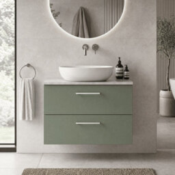 Balterley Bramshall 800mm Wall Hung 2 Drawer Vanity Unit With Laminate Worktop For Modern Bathroom Storage - Satin Green - thumbnail 2