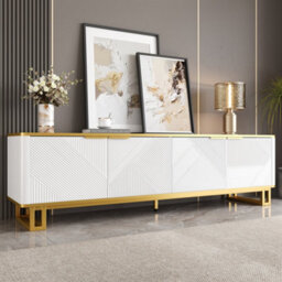Matteo Modern Geometric 4-Door Tv Cabinet - White & Gold Tv Stand With Ample Storage For Tvs Up To 80 Inches - thumbnail 3