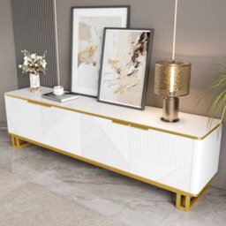 Matteo Modern Geometric 4-Door Tv Cabinet - White & Gold Tv Stand With Ample Storage For Tvs Up To 80 Inches - thumbnail 5