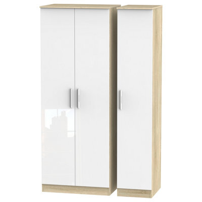 Trent Tall Triple Plain Wardrobe In White Gloss & Bardolino Oak (Ready Assembled) - image 1