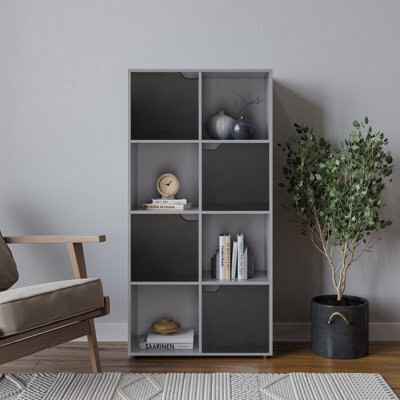 Urbn-Living Urbnliving 119Cm Height Grey 8 Cube Bookcase Shelving Display Shelf Storage Unit Black Wooden Door - image 1