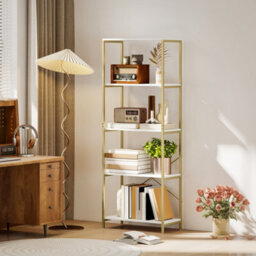 Homcom Modern Bookshelf, Freestanding Bookcase, White And Gold Tone