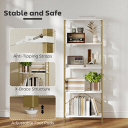 Homcom Modern Bookshelf, Freestanding Bookcase, White And Gold Tone - thumbnail 5