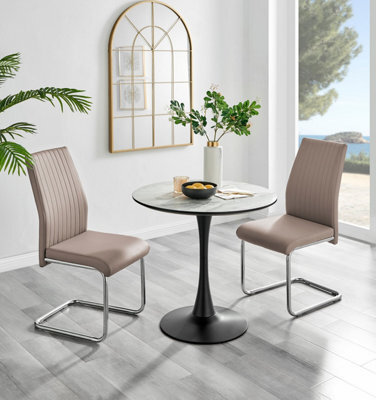 Furniturebox Elina White Marble Effect Round Pedestal Dining Table With Curved Black Support And 2 Cappuccino Faux Leather Lorenzo Chairs - image 1