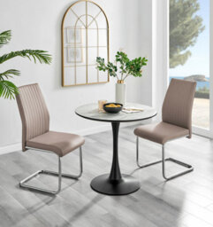 Furniturebox Elina White Marble Effect Round Pedestal Dining Table With Curved Black Support And 2 Cappuccino Faux Leather Lorenzo Chairs - thumbnail 1