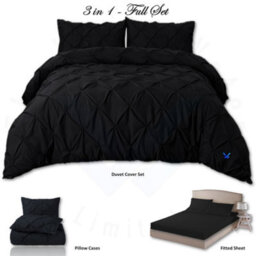 TheWhiteWater Limited Pintuck Duvet Cover Set + Matching Pillowcases And Bedsheet - 3In1 Hand Stitches Quilt Bedding Set - Black - thumbnail 2