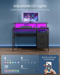 Gaming Desk With Led Lights And Built-In Power Outlets, Computer Desk With Monitor Shelf, Corner Desk, Ebony Black - thumbnail 3